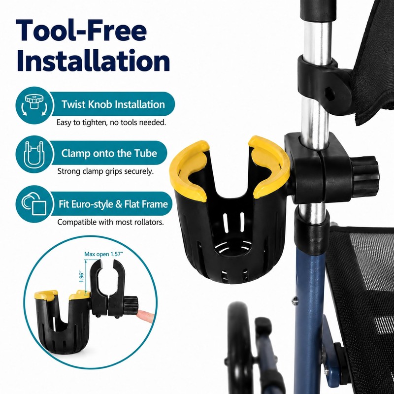Flat Frame Walker Euro Rollator Cup Holder - Adjustable Clip-On