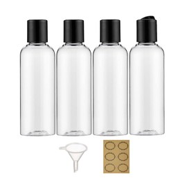 Apstaqeoo 4PCS 150ML Plastic Bottles with Disc Top Flip Cap Empty Squeeze Bottles Clear Refillable Travel Container Dispensing with Funnel & Label for Liquids Lotion Shampoo Toiletries Cosmetic