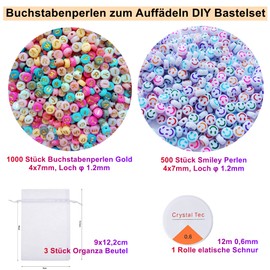 Letter Beads for Threading 4 x 7 mm 1000 Pieces Letter Beads Gold A-Z + 500 Pieces Smiley Beads Set Round Craft Beads Children DIY Craft Set for Jewellery Crafts Bracelets Earrings Necklaces