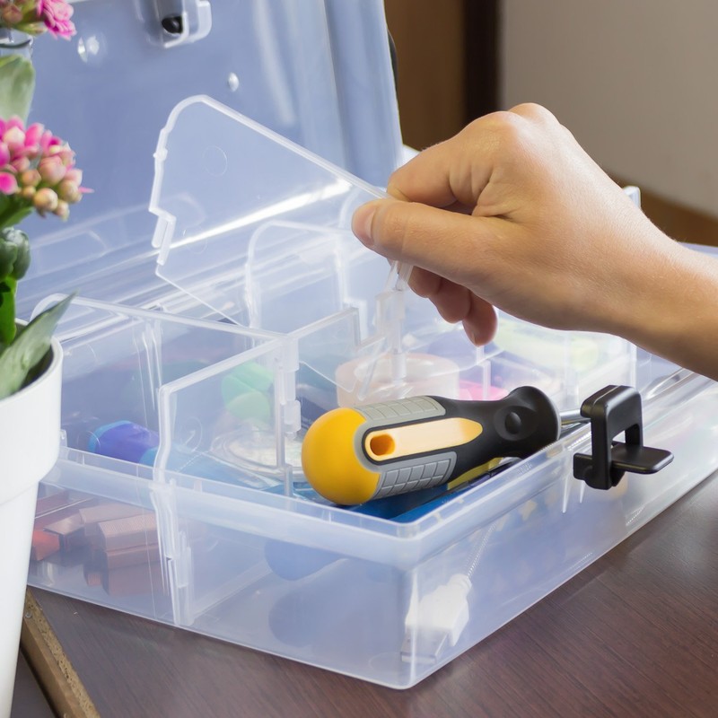 Sortimentskasten Koffer Organizer Box transparent 6 Fächer Deckel Haushatskiste