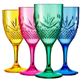 Shatterproof Tritan Stemmed Fancy Wine Glasses Goblets, Resalable | 4 Set | Bright Colors Glass Lookalike, Crystal Color Acrylic Drinkware, Reusable Unbreakable BPA-free plastic, Outdoor & Indoor 11OZ