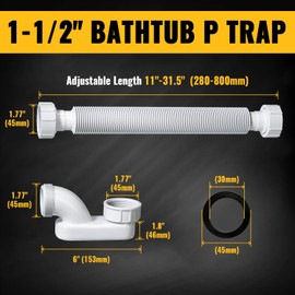 VIVIDA Bathtub Shower Drain Pipe, 1-1/2" Low Profile P Trap Bathtub Fittings, Flexible Flat P Trap Freestanding Tub Drain for Bath and RV Bathtubs, Sealing Tape Included, White, 1 PACK