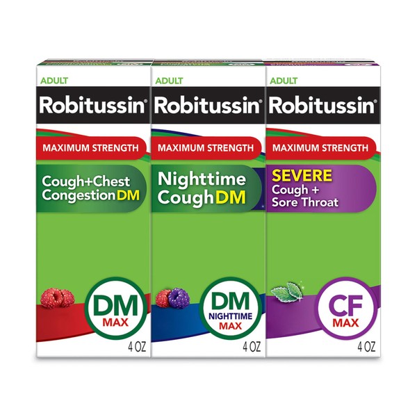Robitussin Adult Maximum Strength Cough, Chest Congestion & Sore Throat Wellness Pack, Cough + Chest Congestion (4 FL OZ), Nighttime Cough (4 FL OZ), Severe Cough + Sore Throat (4 FL OZ)