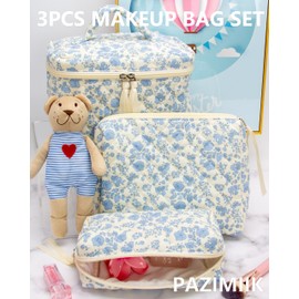 PAZIMIIK 3PCS Makeup Bag SET Large Travel Quilted Zipper Soft Cosmetic Case Pouch for Women Girls Make Up,Little Flower Blue