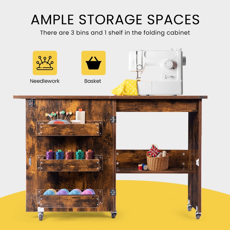 VIVOHOME Folding Sewing Craft Table, Rolling Sewing Machine Desk with