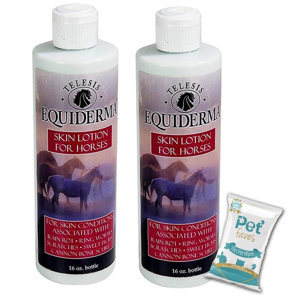 EQUIDERMA (2 Pack) Horse Skin Lotion for Rain Rot, Ringworm, Cannon Bone Scurf with 10ct Pet Faves Pet Wipes