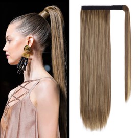 SEIKEA Clip in Ponytail Extension Wrap Around Long Straight Ponytail Natural Soft Synthetic Hairpiece for Women 28 Inch- Brown Ash Blonde Mix