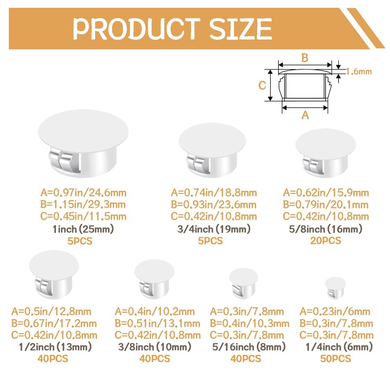 200PCS 7 Sizes White Nylon Plastic Plugs for Round Holes,