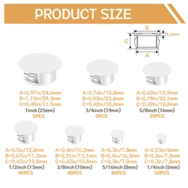 200PCS 7 Sizes White Nylon Plastic Plugs for Round Holes, 1" 3/4" 5/8" 1/2" 3/8" 5/16" 1/4" Round Hole Plug Cover Snap Locking, Used for Plastic, Cabinet Furniture DD016-w
