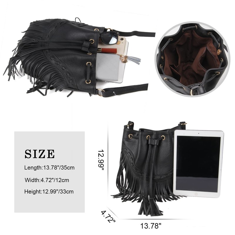 Jywmsc Women's Fringe Tassel Shoulder Bag Leisure Boho Bucket Shoulder