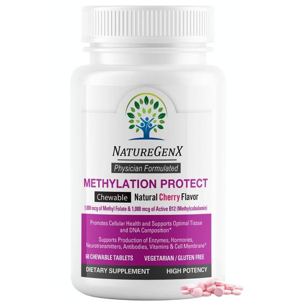NatureGenX Methylation Protect - Methyl B12 with L-5-MTHF for MTHFR Support Supplement, Natural Cherry Methylfolate B-12 Gluten-Free (60 Tables)