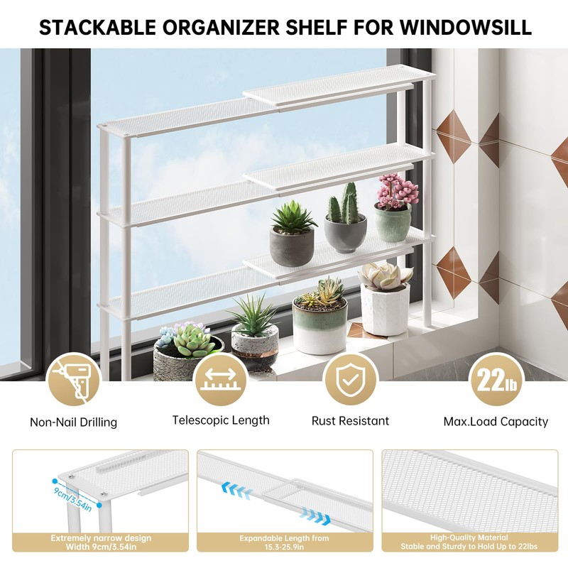 WOCHUANGSI Expandable Window Shelf for Plants Kitchen Sink Organizer Stackable