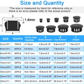 200Pcs Nylon Hole Plug Set (9 Sizes: 1", 7/8", 3/4", 5/8", 1/2", 3/8", 5/16", 1/4", 1/5") - Plastic Hole Plugs, Assorted Sizes, Precision Fit End Caps for Cabinets & Furniture (Black)