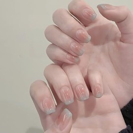 NEURAD Nail Tips, Set of 24 Nails, Short, Summer, Spring, Smoky Blue, French Teak, Fluffy, Sweet, Transparent, Skin Glossy, Room Gel, Popular, Japanese Style, Cute, Simple, Stylish, Coming of Age