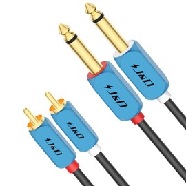 J&D Dual 1/4 inch TS to Dual RCA Stereo Audio Interconnect Cable, RCA to 1/4 Cable Gold Plated Copper Shell Heavy Duty 2 x 6.35mm 1/4 inch Male TS to 2 RCA Male Adapter Cable, 15 Feet