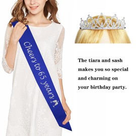 Happy 65th Birthday Tiara and Sash Gifts Crystal Rhinestone Princess Crown Birthday Women Party Favor Supplies Silver Crowns Blue Sash