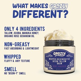 Grazly Unscented Whipped Bison Tallow Balm with Manuka Honey & Jojoba Oil - Grass-Fed & Finished Organic Tallow Face Moisturizer - Face & Body Cream for Acne-Prone Skin - Nourishing Skincare - 2.5oz