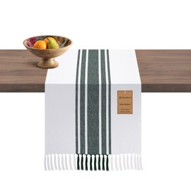 DineNest Table Runner 100% Cotton - 90 Inches Long Farmhouse Table Runners with Tassels - Tight-Weave Non-Slip Washable - for Dining Kitchen Holidays Events - 14x90 Inch Table Runner Green