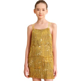 Sanmsoner Girls Latin Tassel Dance Dress Sequin Fringe Dance Skirt Sparkly Double Crisscross Back Dancewear(0430-05-XXL) Gold