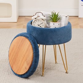 Cplxroc Footrest Footstools Round Faux Fur Ottoman with Storage Space Soft Vanity Chair Seat Coffee Table Ottoman Small Side Table Metal Legs with Adjustable Footings
