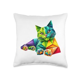 Studio Origami Art Colorful Resting Origami Cat Throw Pillow, 16x16, Multicolor