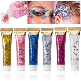 Teekerwan 6pcs Face Body Glitter, Concert Glitter Gel, Face Eye Hair Music Festival Rave Accessories Makeup, Sparkling Body Glitter Gel for Women