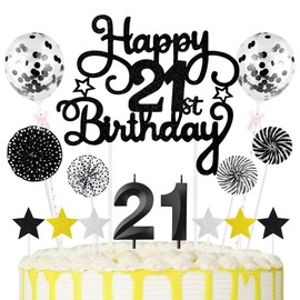 21st Geburtstag Kuchen Dekoration Kuchen Toppers Schwarz Zahl Kerzen Birthday Torten Dekoration Sternen Papierfächer Ballon Torte Toppers Kuchendeko für 21. Geburtstag Dekorationen Party Zubehör