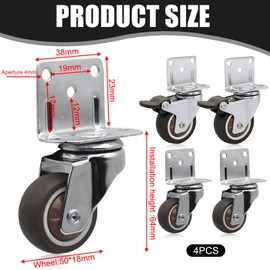 Pack of 4 Furniture Castors, 50 mm L-Shaped Rubber Swivel Castors with Brake, 360° Heavy Duty Swivel Castors, 100 kg Load Capacity, Furniture Side Attachment for Bed, Industrial Transport (1 Pack of