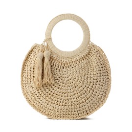 EVEOUT Women's Round Straw Handbag Summer Fashion Crochet Beach Bag with Bamboo Handle Handwoven Clutch Handbag, Beige 02
