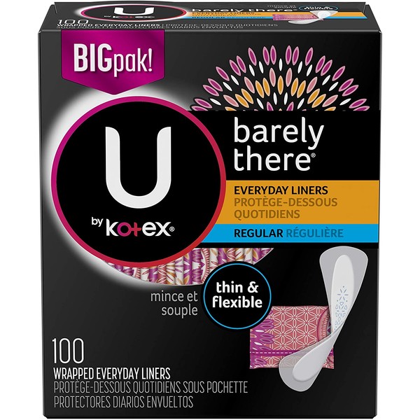 U by Kotex Barely There Thin Panty Liners, Light Absorbency, Regular Length, Unscented, 100 Count (Packaging May Vary)