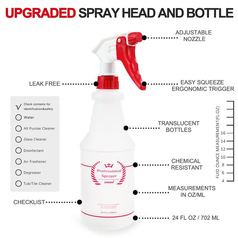 Uineko Plastic Spray Bottle (4 Pack, 24 Oz, All-Purpose) Heavy