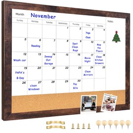 Umtiti Monthly Calendar Dry Erase White Board & Cork Bulletin Board，13" x 17" Black Wood Frame，Magnetic Surface Whiteboard.Perfect for Organizing Your Space.Whiteboard+Cork-3343B-BK