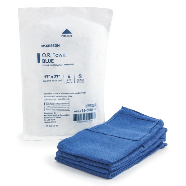 McKesson Operating Room Towels, Sterile, Disposable, Pre-Washed, Blue, 17 in x 27 in, 4 Towels per Pack