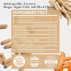 Hebhac Herbs Ashwagandha Capsules 90 Capsules 1000mg with Turmeric, Ginger, Apple Cider Vinegar and Black Pepper Extract | GMO Free, Gluten Free, Vegan | 45 Days Supply.