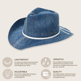 C.C Washed Knitted Denim Cowboy Hat with Suede Strings for Women (US, Alpha, One Size, Denim)
