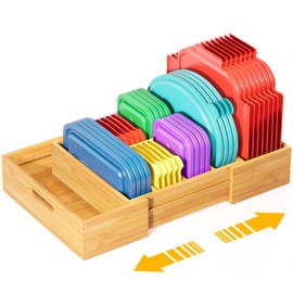 Kiasthome Expandable Bamboo Lid Organizers Inside Cabinet, Kitchen Cabinet Organizers with 3 Adjustable Dividers, Storage Plastic Lids, Food Container Lid Holder Organizer for Drawer Pantry, Nature