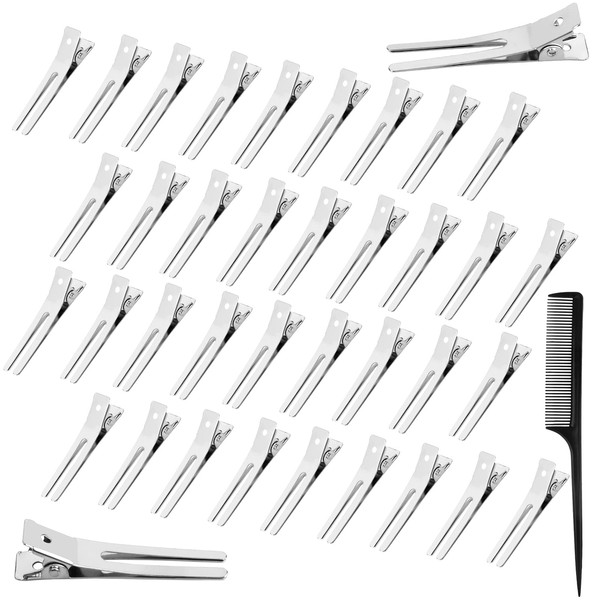 Svalor Pin Curl Clips, 60 Pieces Silver Metal Hair Clips with 1 Tail Comb, 1.77 Inch Double Prong Hair Clips for Curls Curling Clips Section Clips for Hair Styling DIY Girls Hairpin Accessories