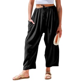 TARSE Womens Linen Wide Leg Pants Casual Loose Drawstring Low Waist Summer Beach Palazzo Harem Pants with Pockets 2023(Black,S)