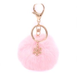 CrownOfRibbons Pink Fluffy Pom Christmas Keyring, with Snowflake Charm, Car, Luggage Bag Accessory