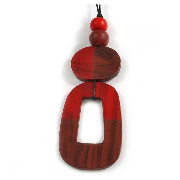 Avalaya O-Shape Red/Brown Painted Wood Pendant with Black Cotton Cord