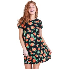 ICONOFLASH Women's Short Sleeve Citrus Fruit Swing Dress with Pockets (Black, Large)