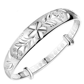 LRGKMCWTOB 925 Sterling Silver Fu Flower Carved Bangle Bracelet Flower Bracelet Bauhinia Flower Bracelet Elegant Open Adjustable Bracelet for Women's Jewelry Chinese National Style, Sterling Silver