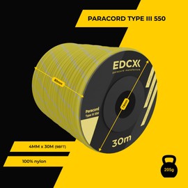 EdcX 4mm Nylon Paracord 550 30m (100 feet) - Type III, 100% Nylon Rope, 7 Strand Rope, 4mm Nylon Rope in Solid Colors (Reflective Yellow, 30 m)