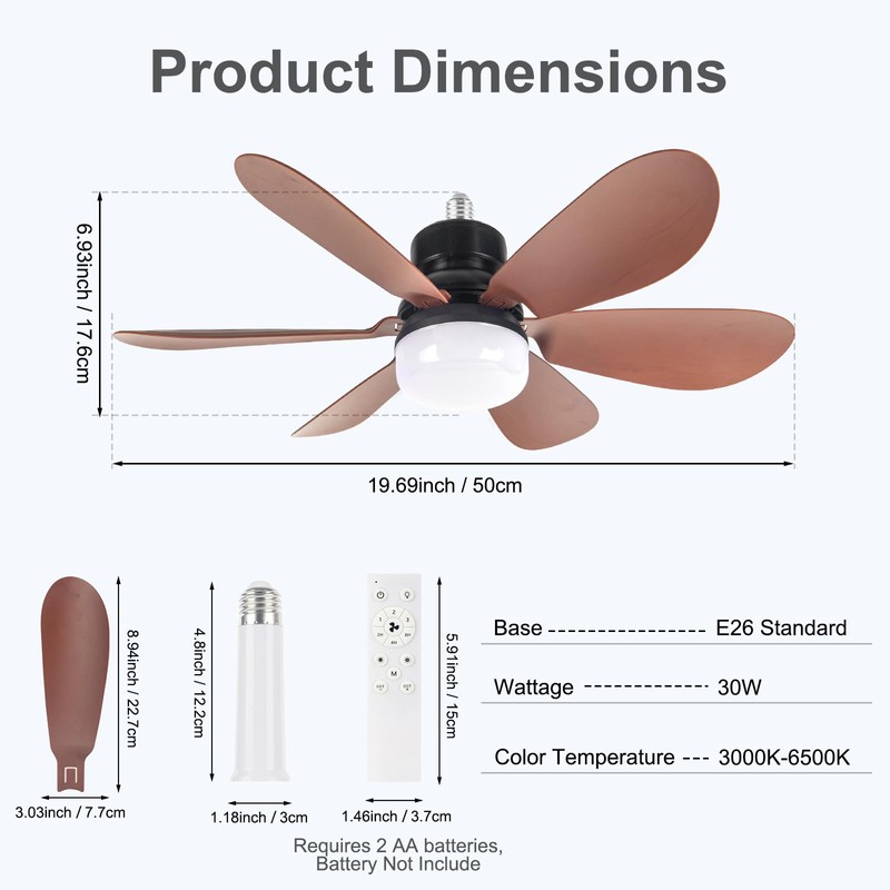 Socket Fan Light, Light Bulb Fan 20.5IN Dimmable, Screw in