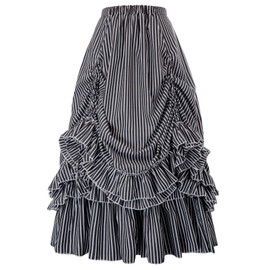 Women Steampunk Vintage Gothic Victorian Ruffled Bustle Skirt (Black Grey White,2XL)