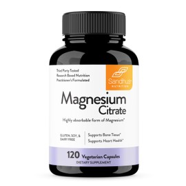 Sandhu's Magnesium Citrate Highly Absorbable Gluten, Soy Diary Free No Fillers 120 Vegetarian Capsules