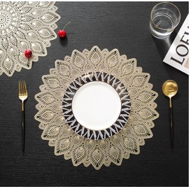 Hosoncovy Decorative Placemats PVC Placemats Set of 4 Hollow Dining Table Place Mats Heat Resistant Non-slip Dining Placemats Reusable Table Mats for Home Kitchen (Gold)