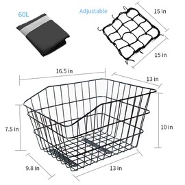 Hoobbii Large Rear Bike Basket, Waterproof Metal Wire Bicycle Basket with Adjustable Cargo Net and Waterproof Bike Basket Liner, Suitable for Most Rear Bike Racks(Black)