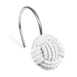 White Boho Shower Curtain Hooks: Decorative Farmhouse Rope Knot Design Rustproof Stainless Steel Shower Rings – Neutral Stylish Hooks for Nautical Beach Coastal & Vintage Bathroom Décor – Set of 12