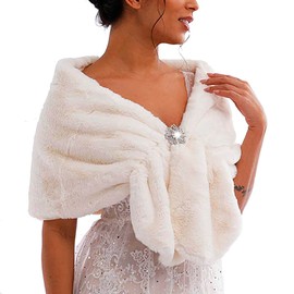 Obmyec Women's Faux Fur Shawl Bridal Faux Fur Stole Wedding Faux Fur Wrap Cape Fur Scarf for Bride and Bridesmaids (Beige)